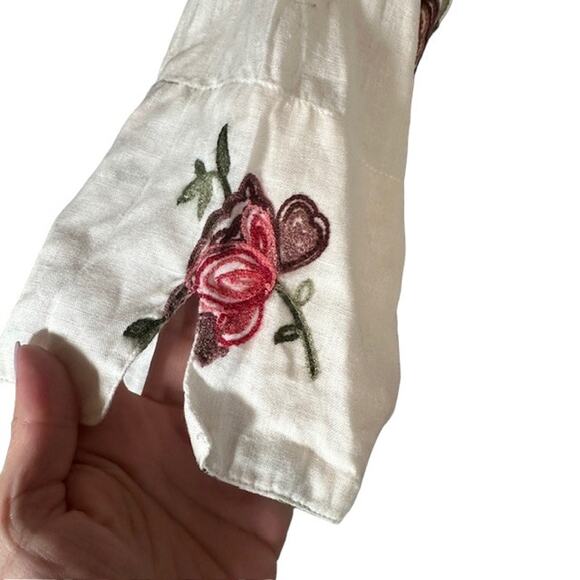 Mishca White Floral Long Sleeve Linen Opened Front Tie Knot Blouse Women - Picture 4 of 8